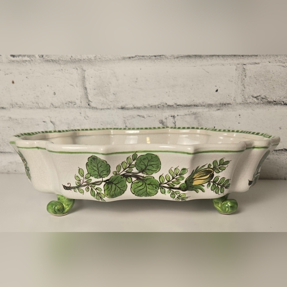 Vintage Italian Pottery Footed Bowl Hand Painted Floral Scalloped Made in Italy